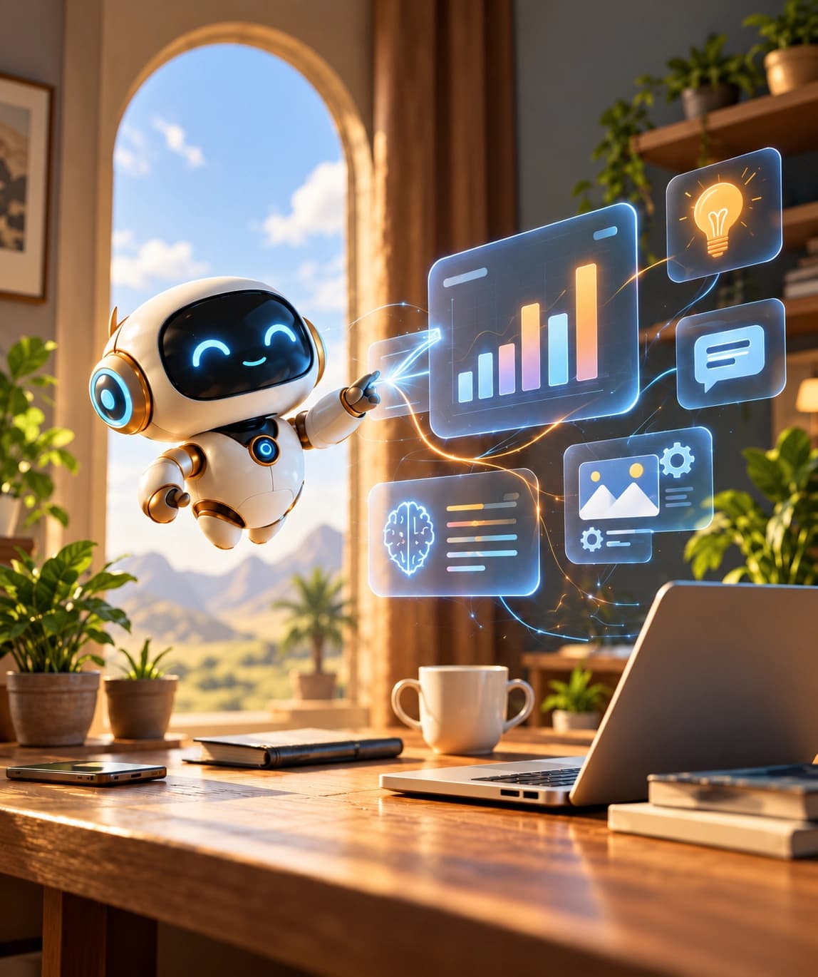 AI copilot chat flagging churn risk next to a glowing neural network and pipeline status