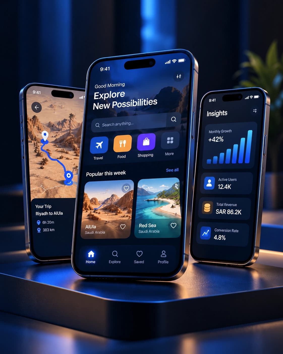 Three smartphones displaying travel, discovery and business analytics apps